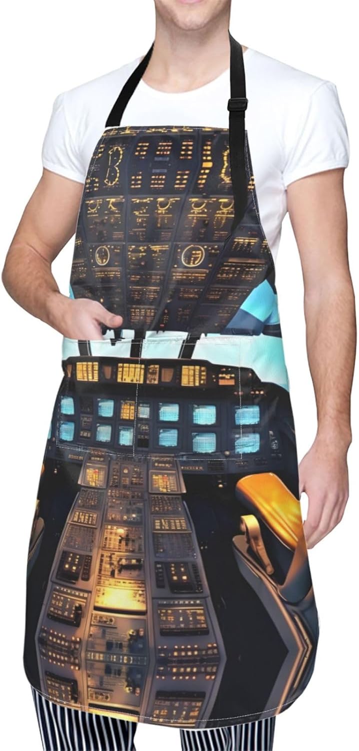 Airplane Cockpit Print Laundry apron 28x33 In Waterproof Kitchen Apron with Pockets for Cooking Baking