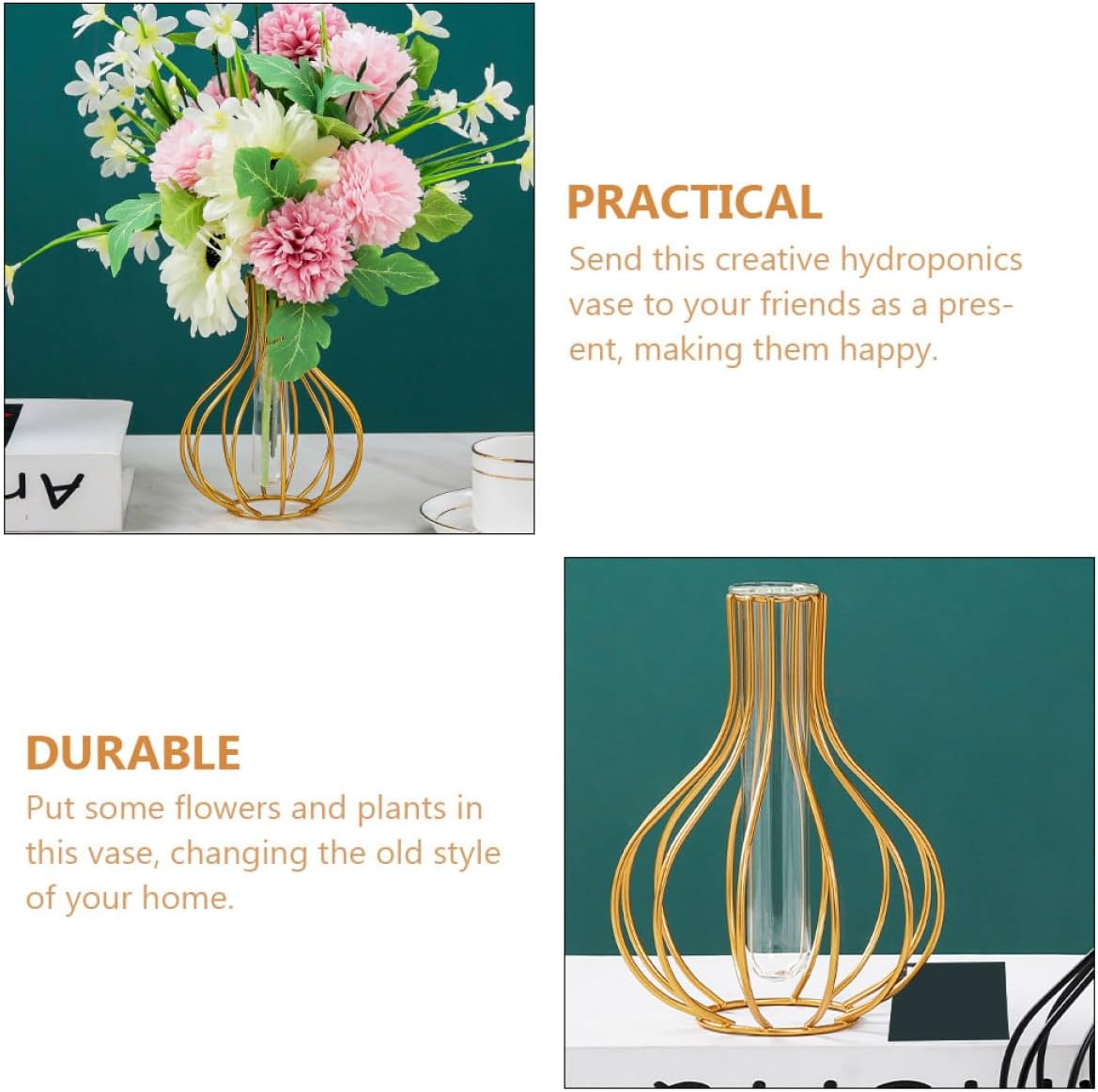 Milisten Iron Art Hydroponics Vase Gourd Shape, Metal Glass Tube Plant