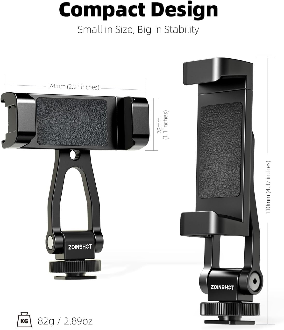 All Metal Phone Tripod Mount, 360° Rotation Tripod Phone Mount with 2 Cold Shoes, Adjustable Cell Phone Mount Adapter with 1/4" Thread, Compatible with iPhone Android Phones, Digital Camera