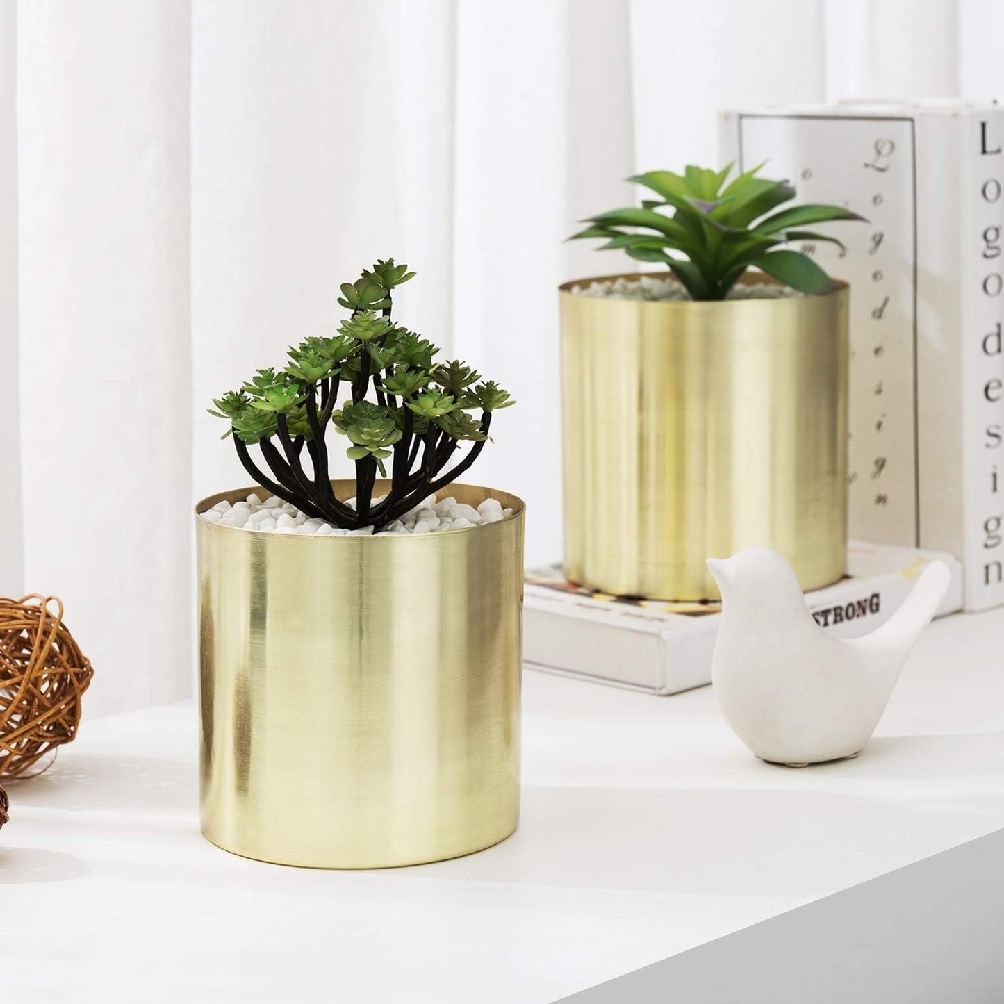 MyGift Modern Brushed Brass Plated Indoor Plant Pot, Cylindrical Metal Vase, 5 and 6 Inch, Set of 2 - Handcrafted in India