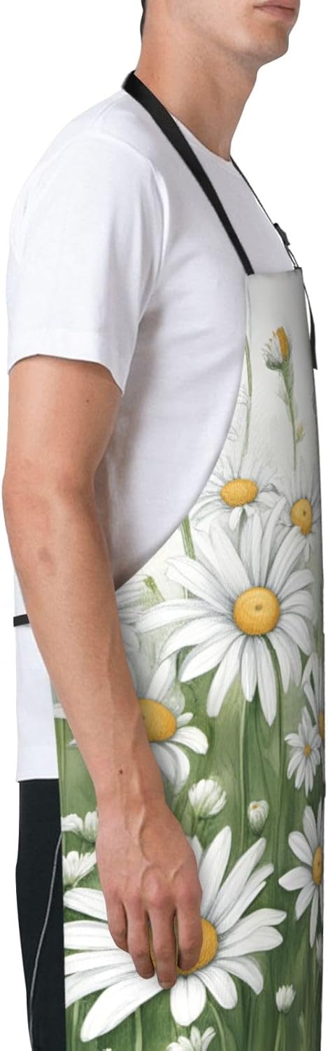 YANYU White Daisy Print 28x33 In Kitchen Apron Stylish Chef Apron with Pockets for Cooking Baking Painting
