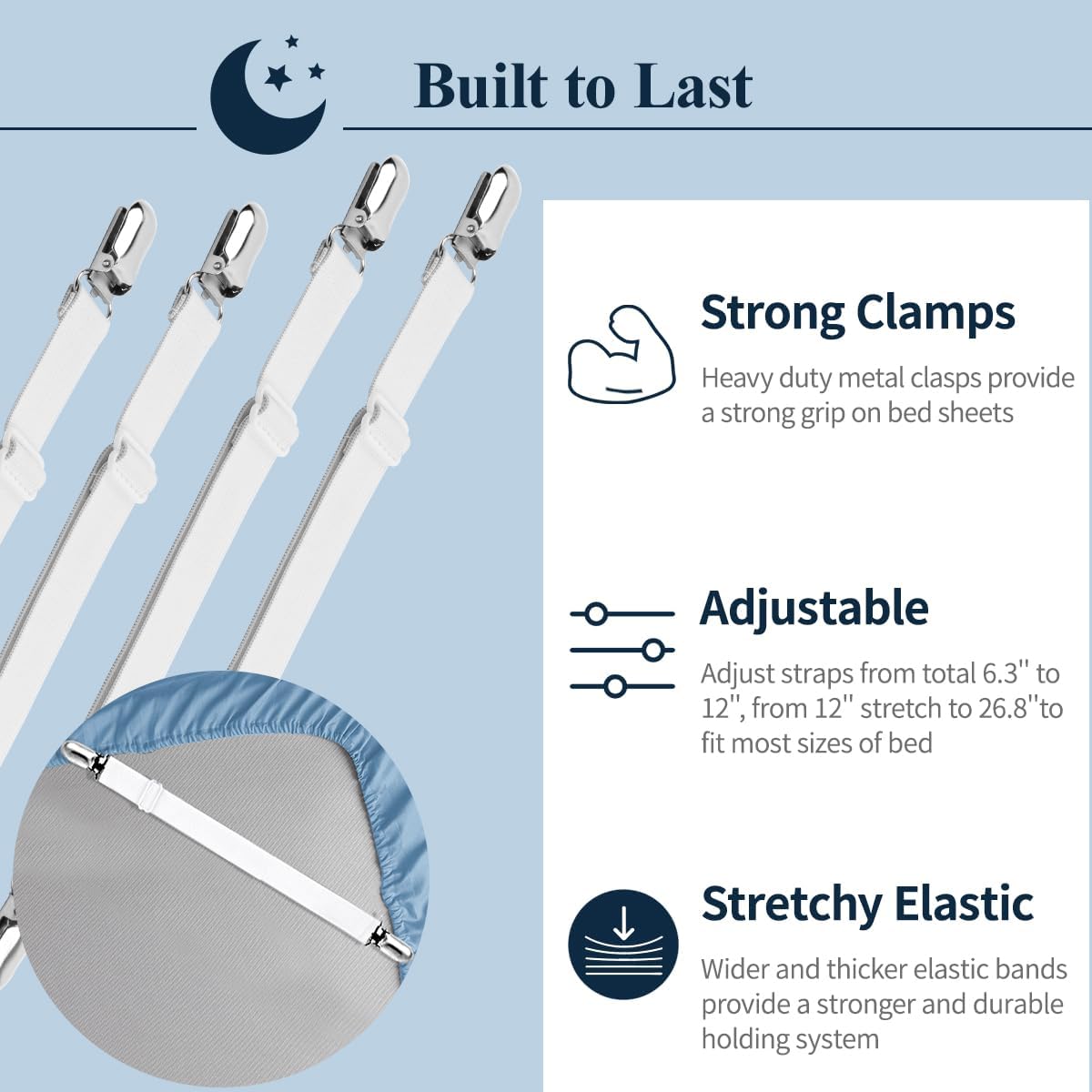 Bed Sheet Straps, Sopito Adjustable Elastic Fitted Sheet Corner Holders Straps to Stay in Place, Non-Slip Fasteners Clips Compatible for Crib to King Size Bed, White 4Pcs