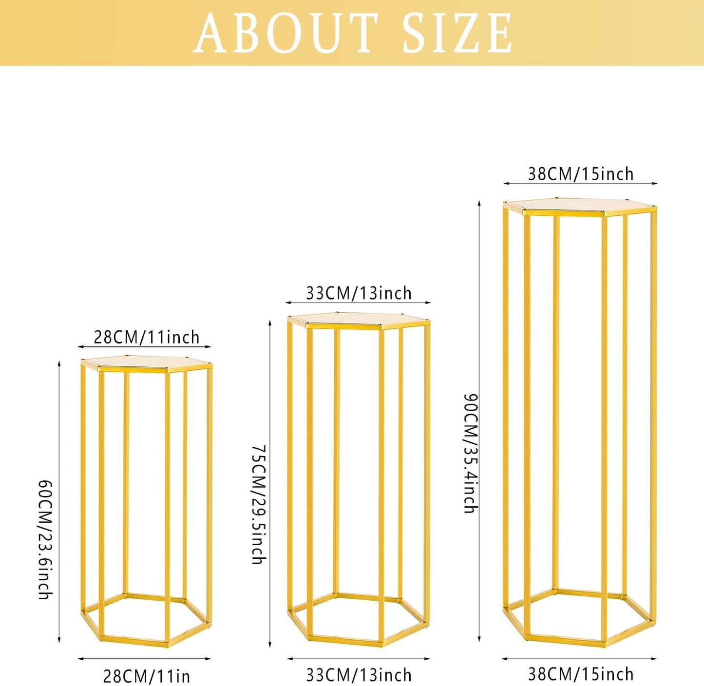 Set of 3 Metal Cylinder Stands for Party Centerpieces, Hexagon Nesting Pedestal Stands, Gold Cake Flower Plant Display Stands, Tall Columnar Vases for Birthday Party Event Home Wedding Decor (Gold)