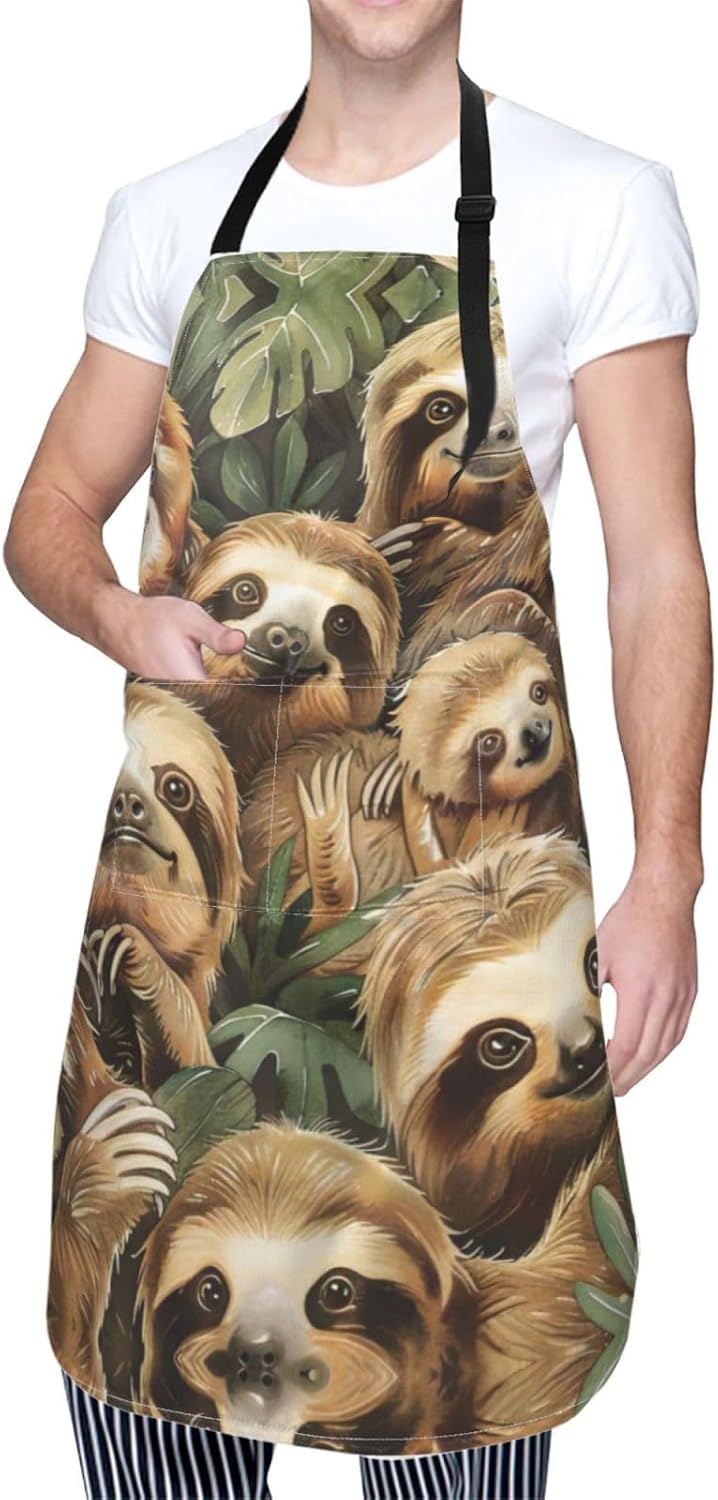 Cute Sloth print Waterproof chef's apron with pocket apron for kitchen cooking baking barbecue and gardening