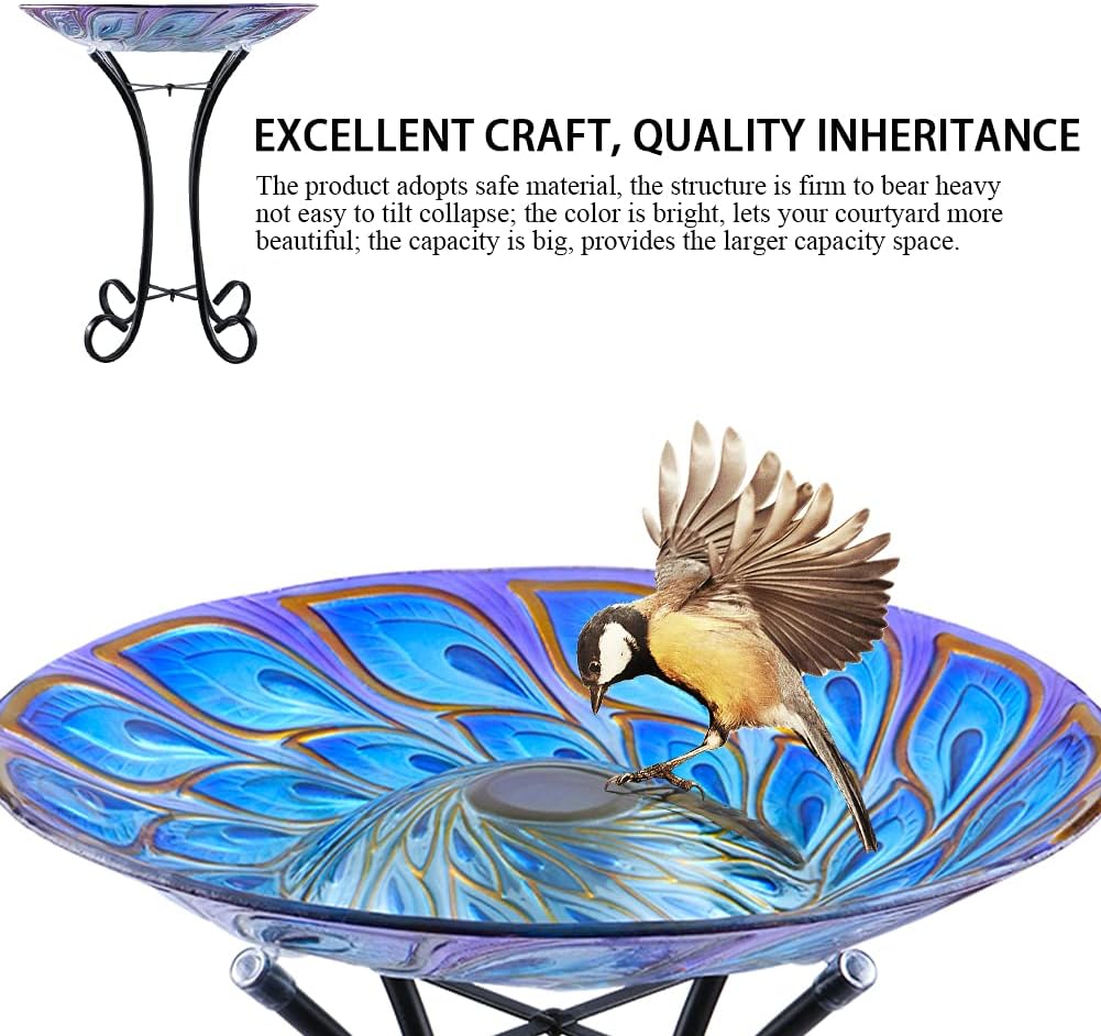 MUMTOP Outdoor Glass Bird Bath Solar Birdbaths with Metal Stand for Lawn Yard Garden Peacock Decor,18” Dia 21.65” Height