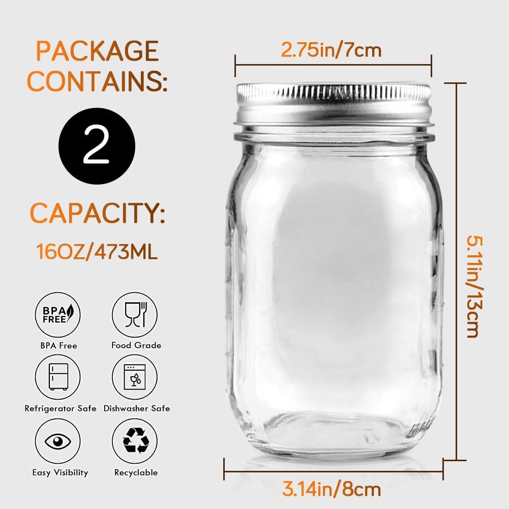 2 Pack Regular Mouth Mason Jars 16oz Glass Canning Jars with Airtight 