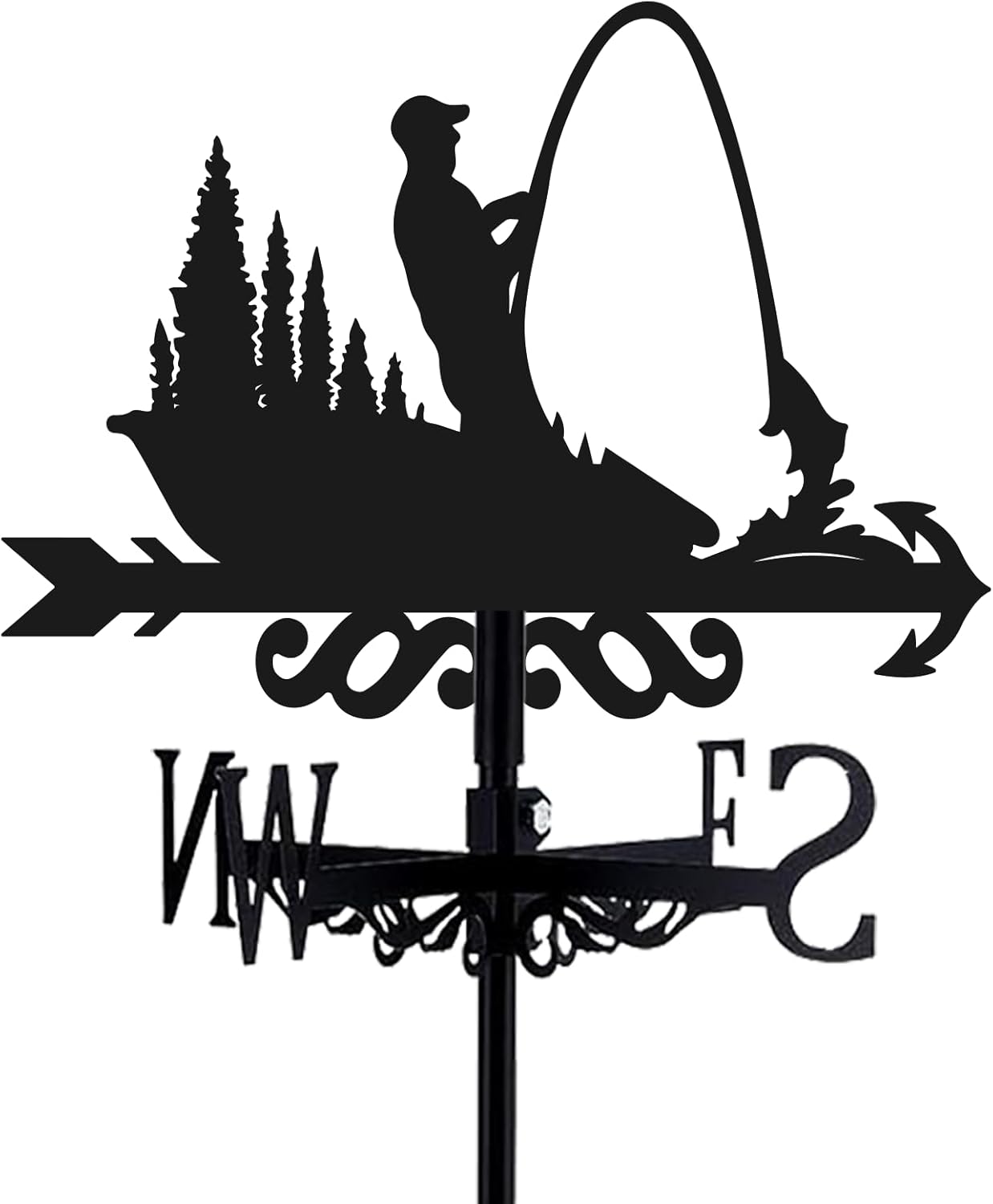 Fishing Weathervane 26” Height Black Metal Fisherman Wind Vane Animal 