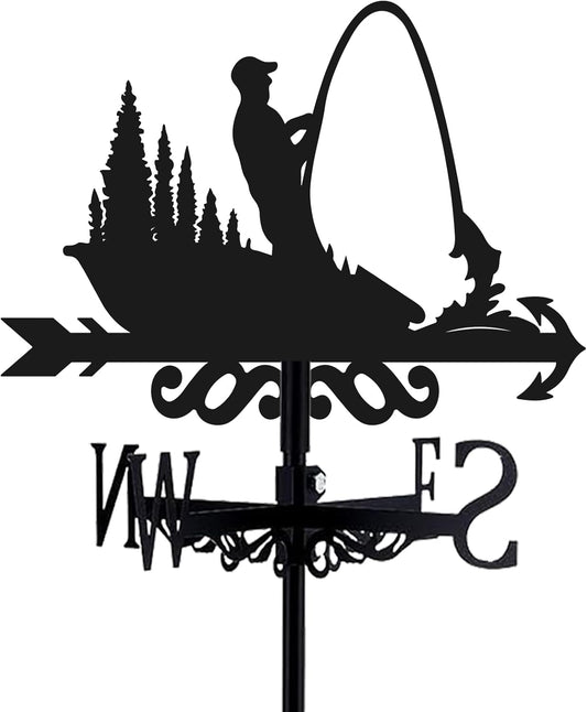 Fishing Weathervane 26” Height Black Metal Fisherman Wind Vane Animal 