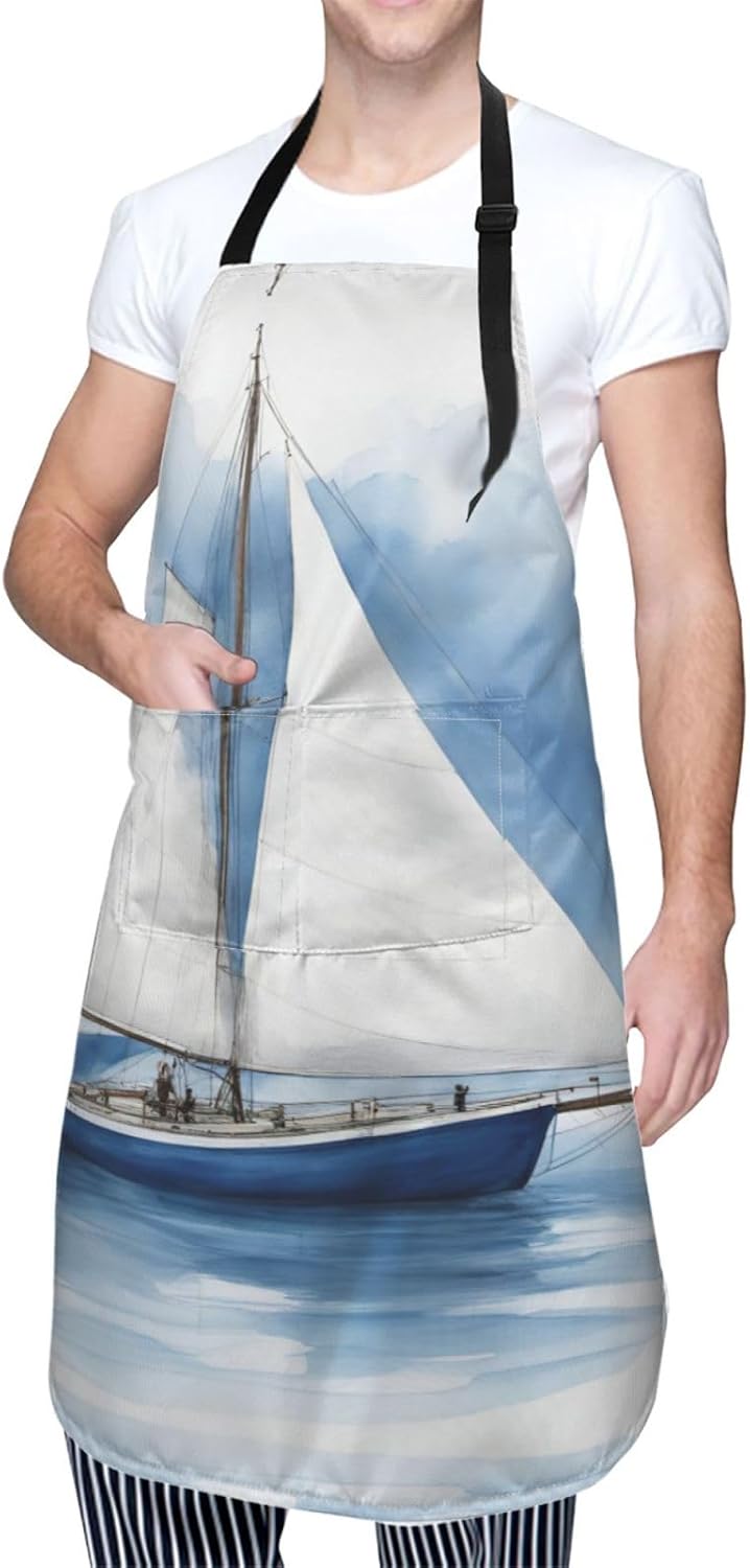 Blue Sailboat 1 print Waterproof chef's apron with pocket apron for ki