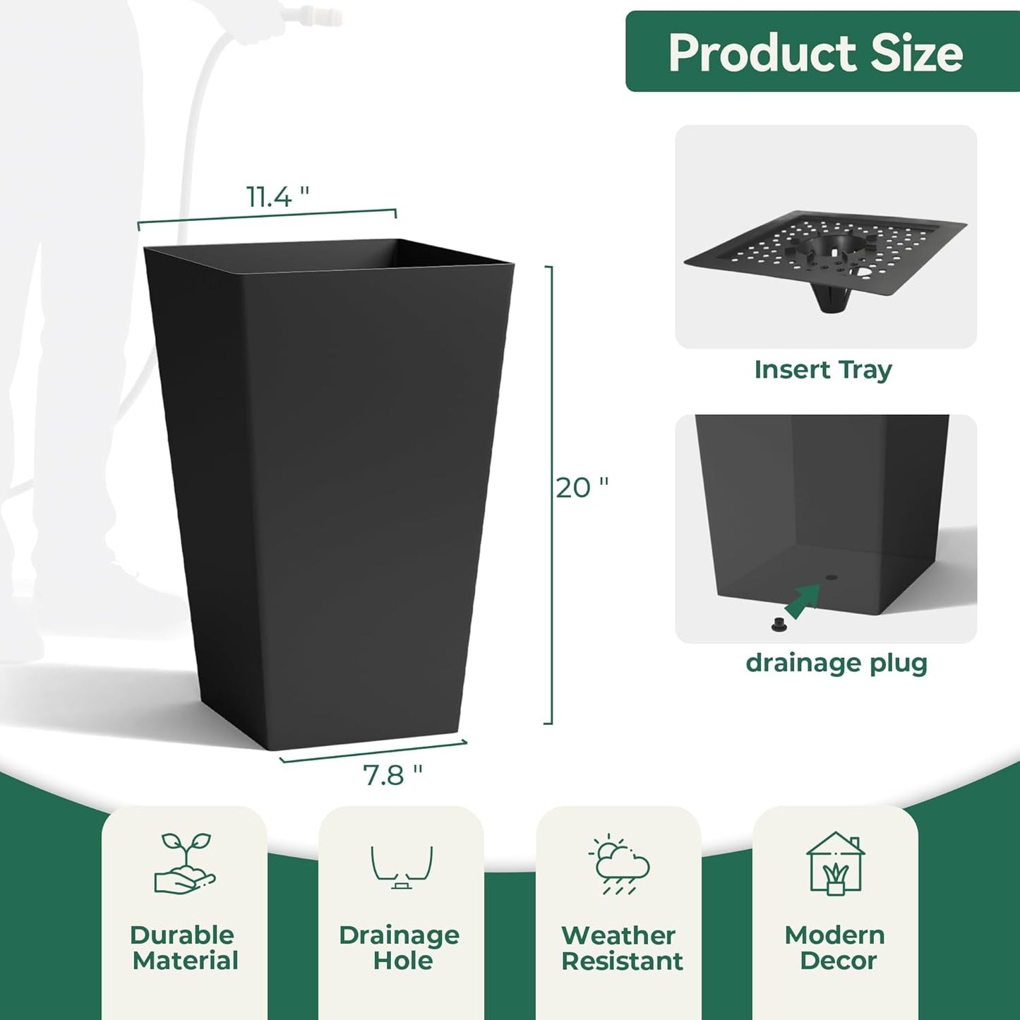Worth Garden 20" Tall Planters Set of 2 – Large Black Tapered Plastic 