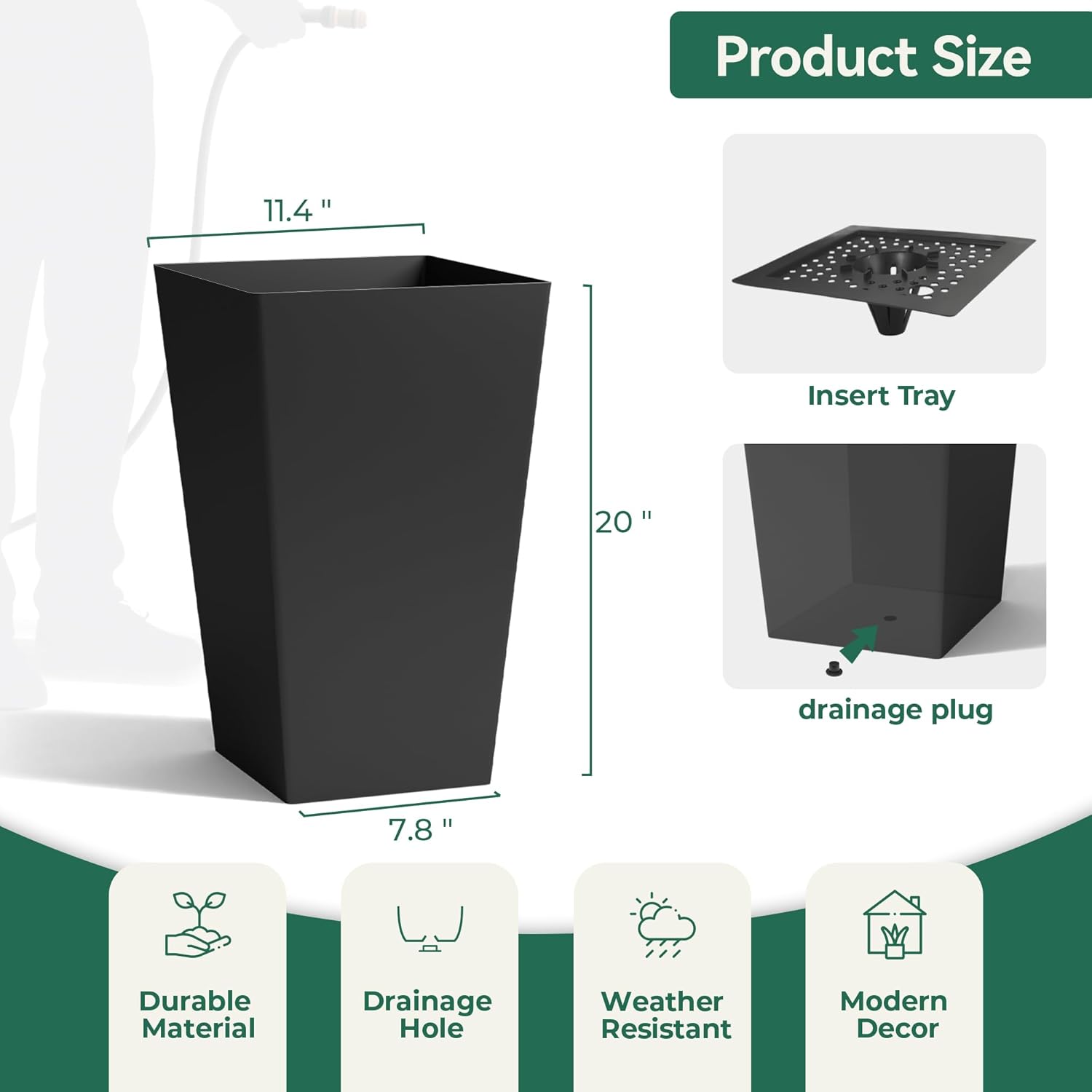 Worth Garden 20" Tall Planters Set of 2 – Large Black Tapered Plastic 