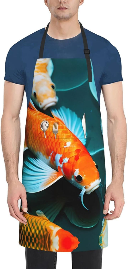 HD Koi Fish print Waterproof chef's apron with pocket apron for kitchen cooking baking barbecue and gardening