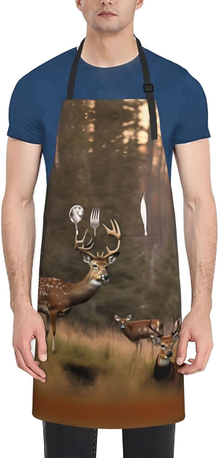 Deer Hunting Print Laundry apron 28x33 In Waterproof Kitchen Apron with Pockets for Cooking Baking