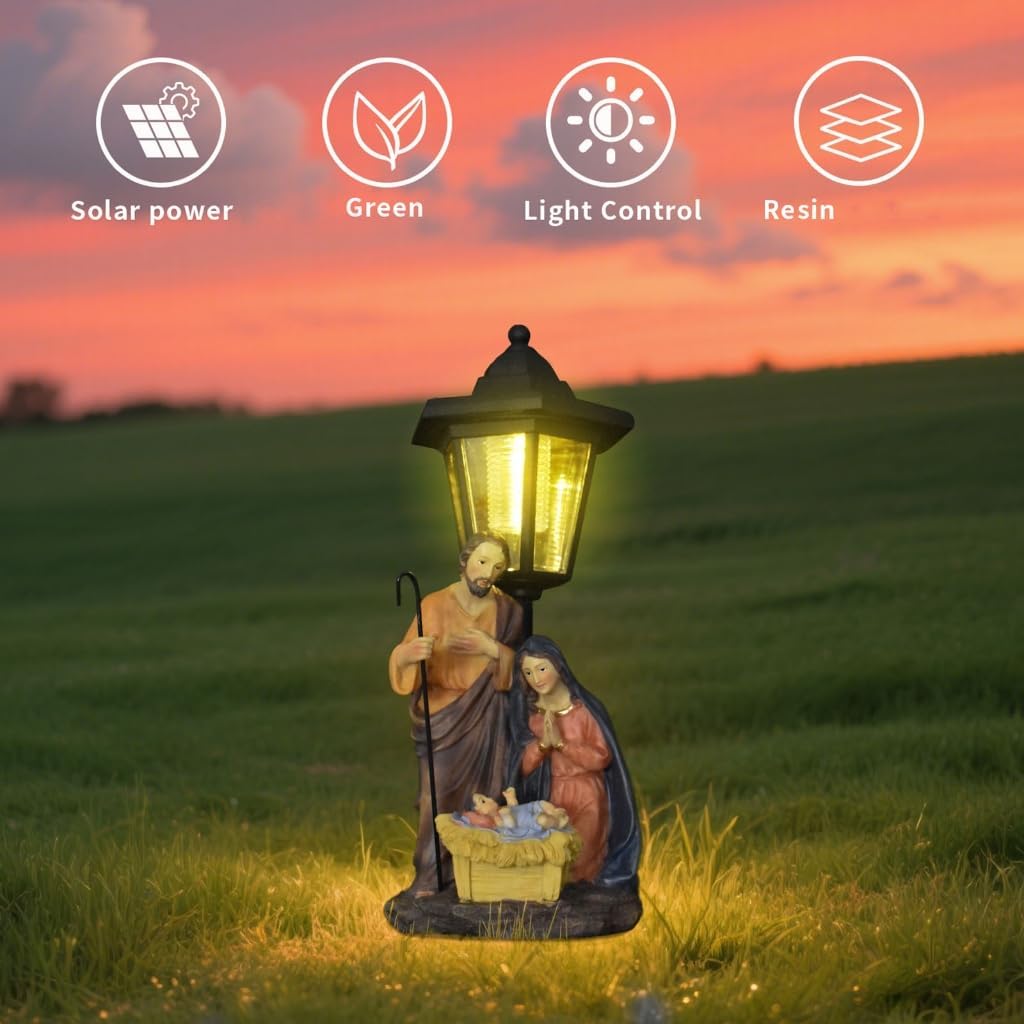 Solar Operated Light Nativity Scene Resins Religious Garden Lawn Ornament Decors
