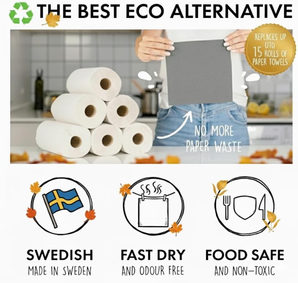 SUPERSCANDI 10 Pack Swedish Dishcloths for Kitchen - 100% Biodegradabl