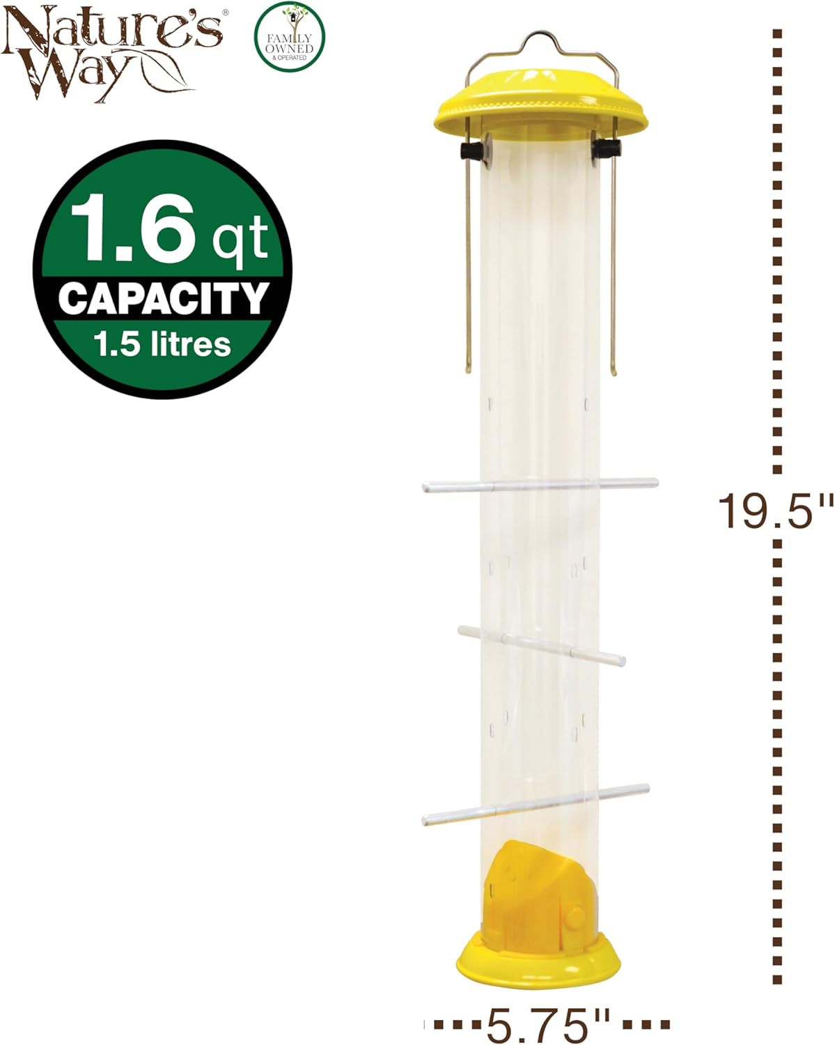 Nature's Way Bottoms-Up Metal Finch Thistle Feeder, 1.6 QT, Easy to Clean and Fill, Wild Bird Feeder and Outdoor Décor, Yellow