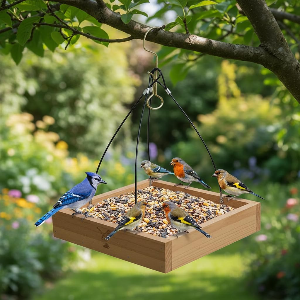 Cedar Wood Platform Tray Bird Feeder 12” - Hanging Bird Feeder for Outside Outdoor - Stainless Steel Cable Mesh Base - Weather Proof Birdfeeder for 10 Years - Longtime Outdoor Lasting Heavy Duty
