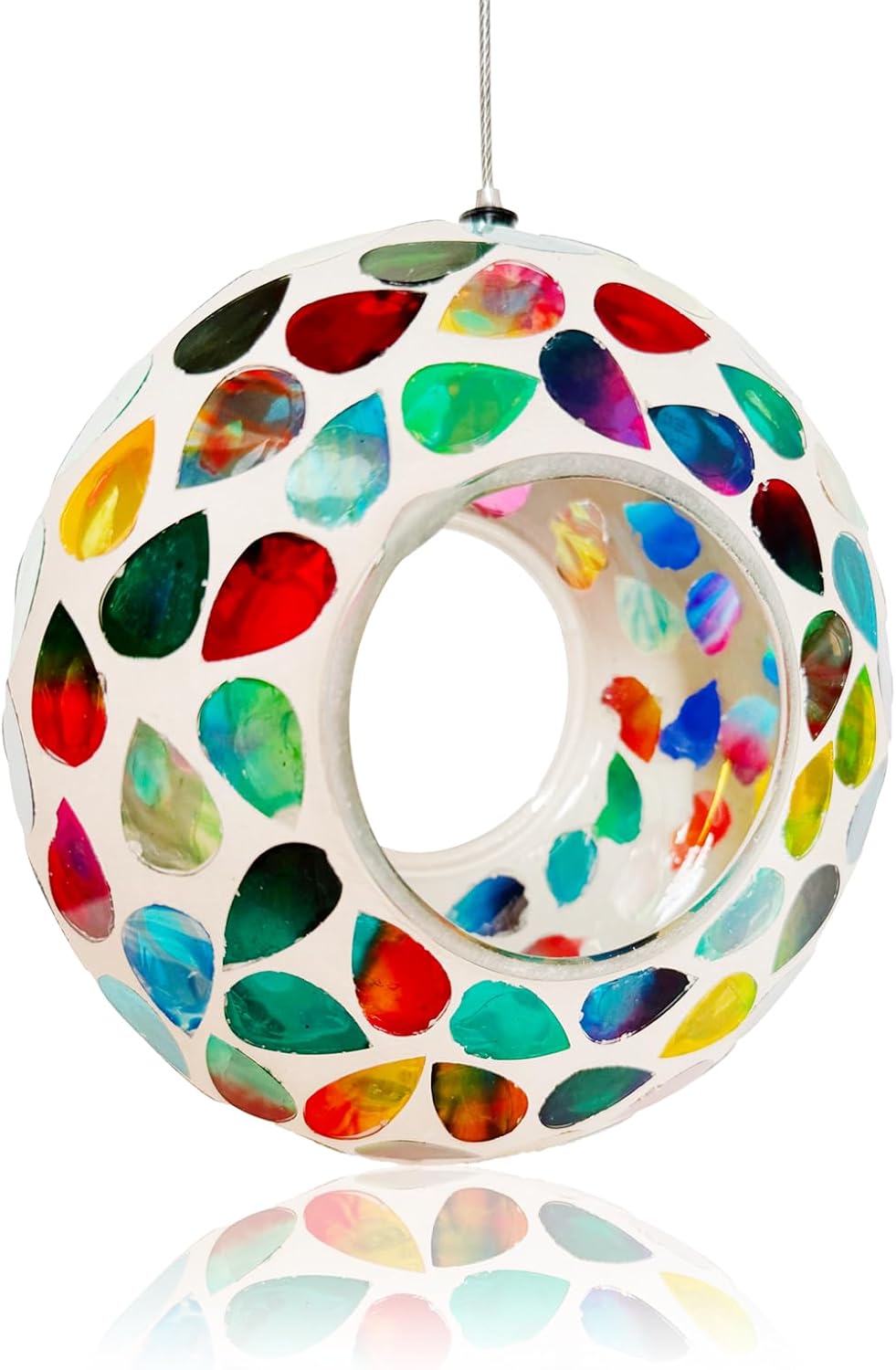 Hanging Bird Feeders for Outdoor Glass Mosaic Fly Through Wild Bird Feeder Round Shape Birdfeeder for Outside Garden Yard Patio Decoration White