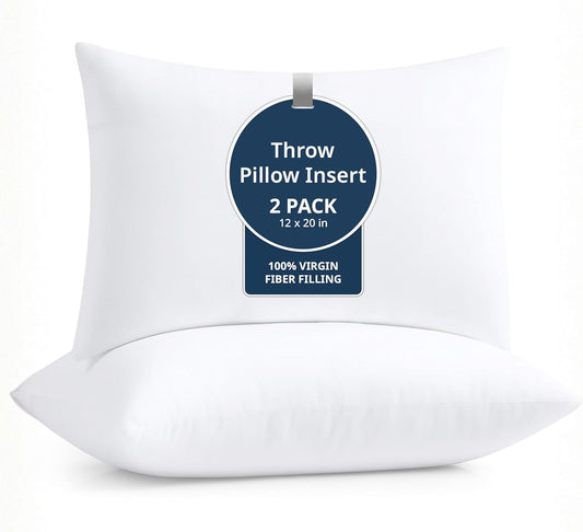 LANE LINEN 12x20 Pillow Insert - Pack of 2 White Decorative Pillows for Sofa Bed, Fluffy Pillow Inserts for Cushion Covers, Bed, Couch Pillows for Living Room