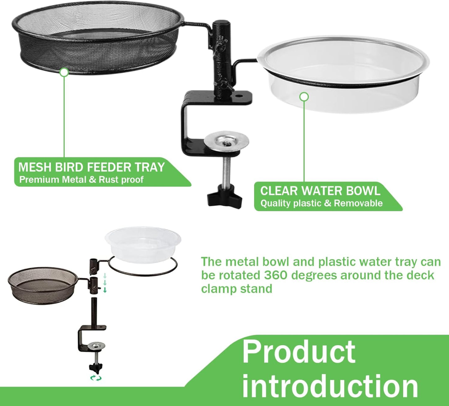 Deck Bird Feeder Balcony Bird Feeder, 360° Rotatable 2-Layer Deck Bird Feeder, Heavy Duty Metal Fence Bird Feeder, Detachable Bird Bath and Feeder for Max 2 Inch Railing