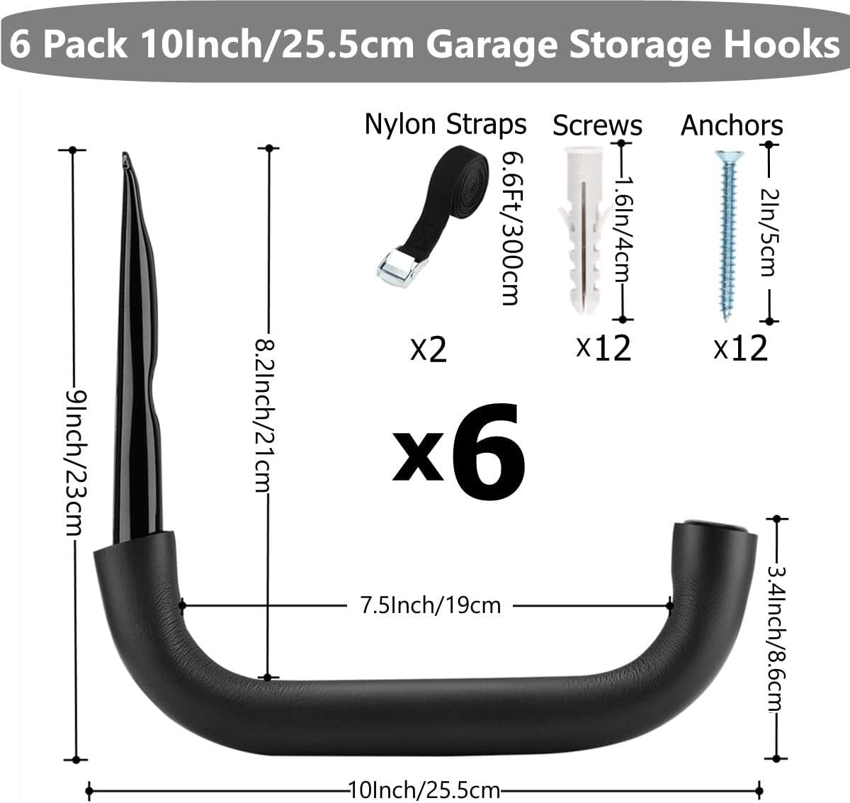 6 Pack Heavy Duty Garage Storage Ladders Hooks, 10 Inch Wall Mount Storage Garage Hangers for Bikes, Garden Tools, Chair, Hose