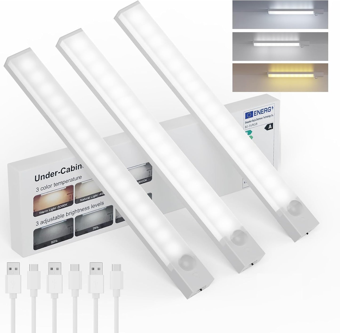 Under Cabinet Lights 8 Inch 3-Pack, Rechargeable Battery Operated Motion Sensor Light Indoor, Dimmable Closet Lights, Wireless Under Counter Lights for Kitchen, Stairs