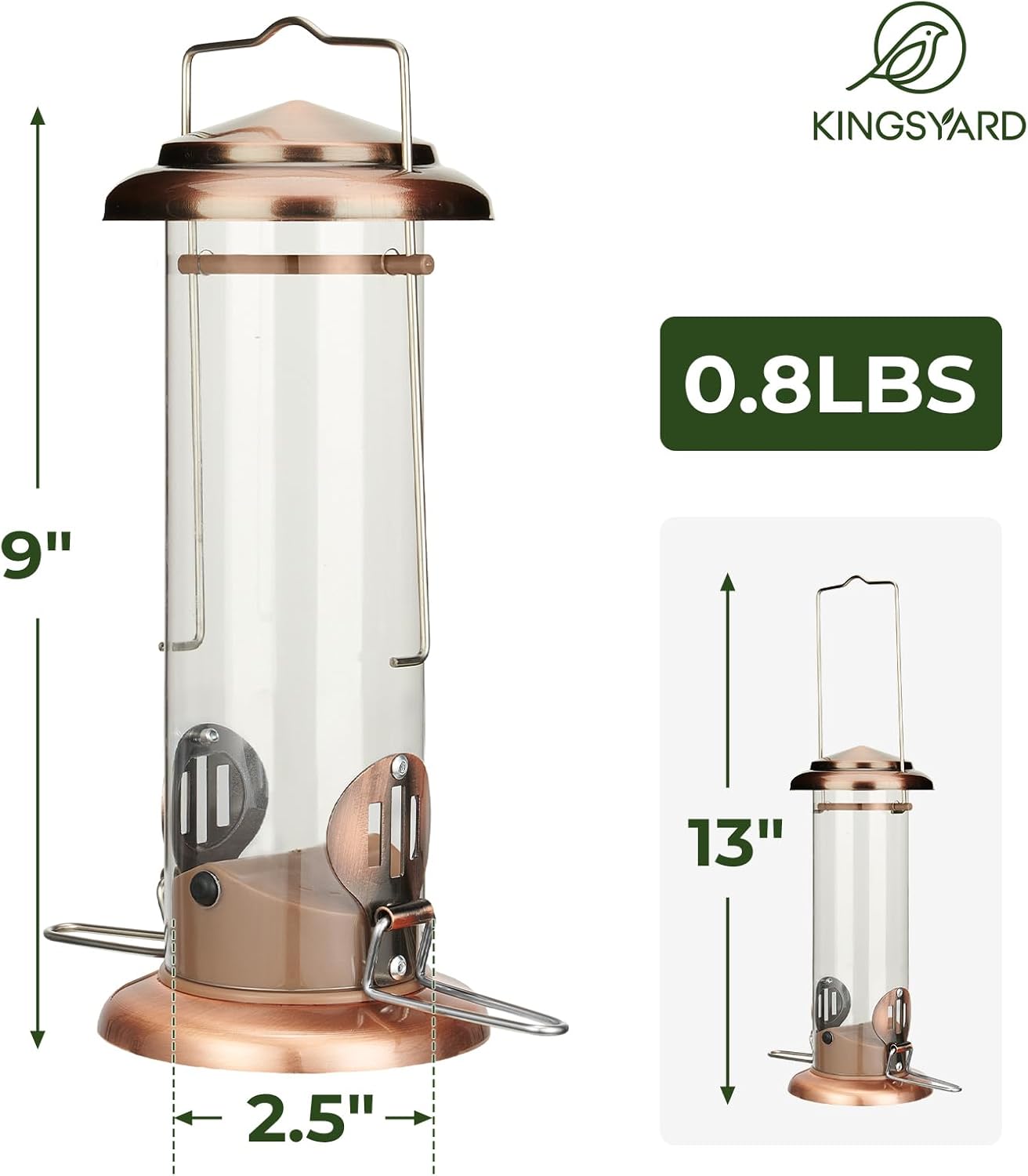 Kingsyard Upgraded Bluebird Feeder for Outdoors Hanging, Metal Mealworm Tube Bird Feeder with Widen Perch for Wild Birds, Squirrel Chew Proof, Easy to Refill & Clean(Copper)