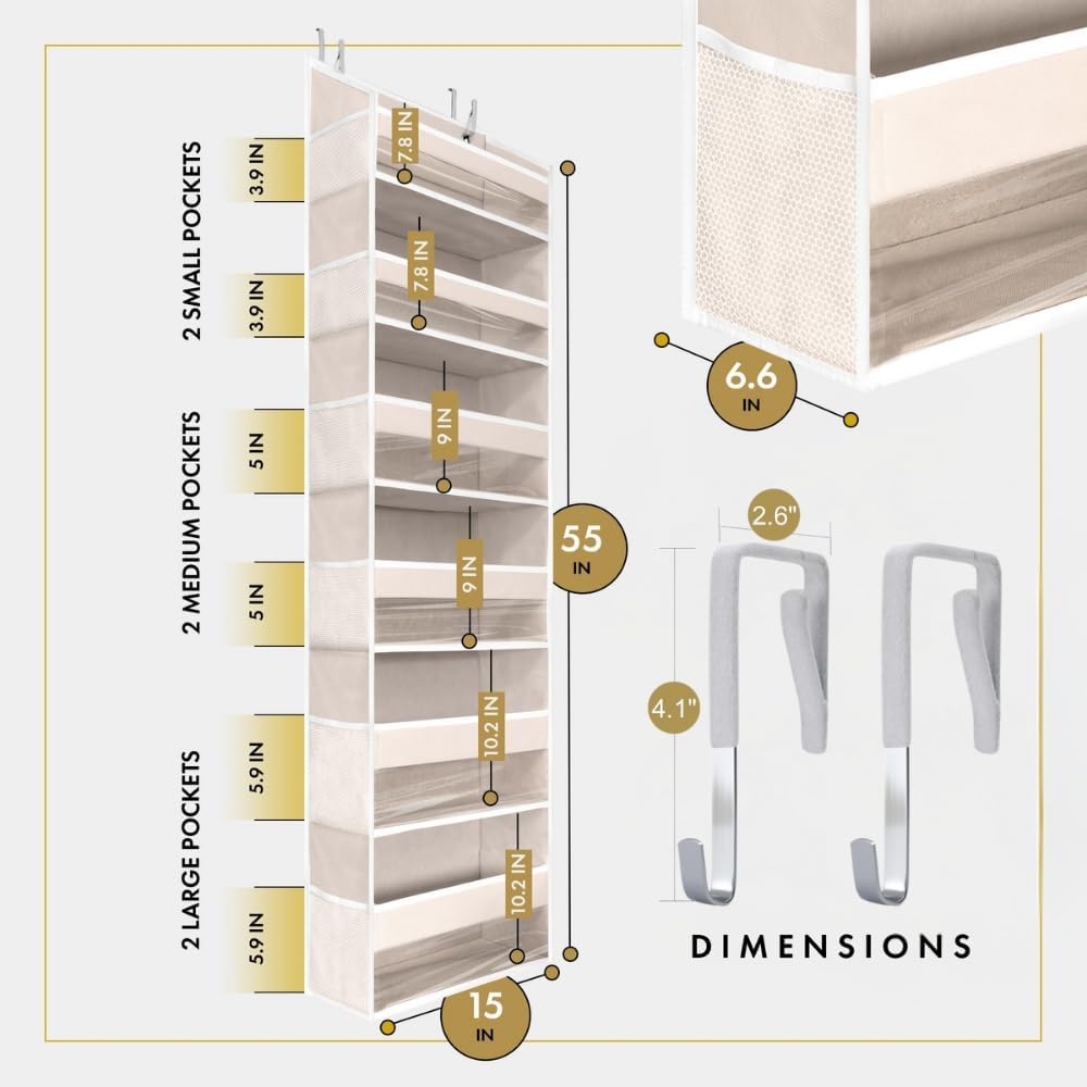 HOMELUX THEORY UPGRADED 6 Tiers Over The Door Organizer Hanging - 100D EXTRA THICK & 50lbs HUGE CAPACITY, 12 Side Mesh Pockets Over The Door Shoe Organizer, Hanging Closet Organizer (Ivory, 1pc)