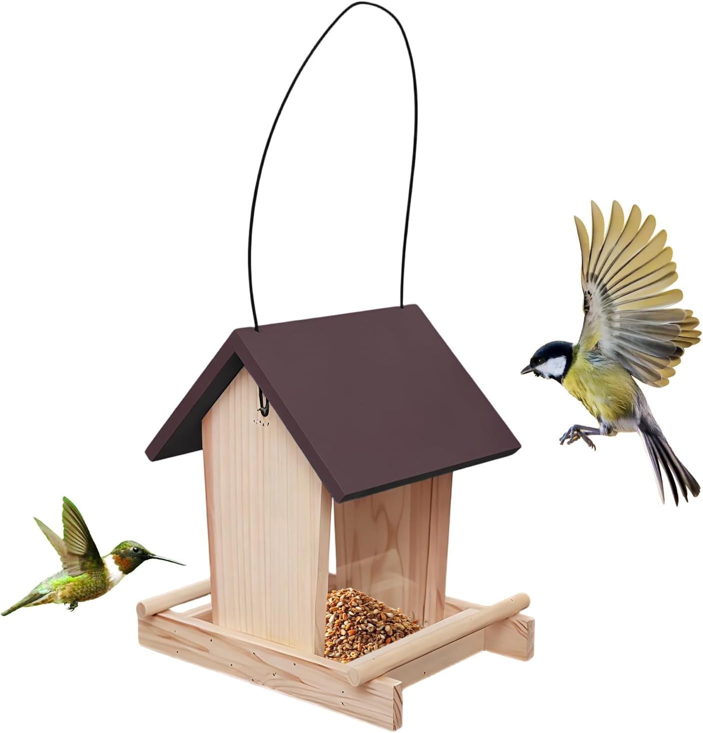 Wood Bird Feeder with Treat Bowl & Standing Pole, Decorative Rope Top Feeder for Balcony, Patio, Garden, Backyard, Fence, Pet Lovers, Viewing
