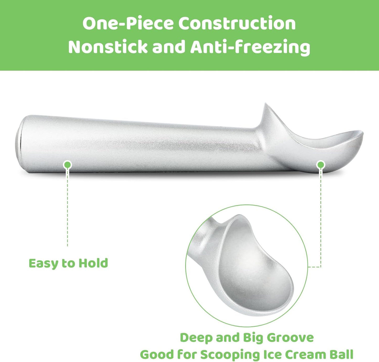 Ice Cream Scoop,7 inches Nonstick Anti-Freeze One Piece Aluminum Scooper Spoon, Heavy Duty Durable Design, Easy Clean, for Gelato, Cookie Dough, Sorbet, Almond (Silver)