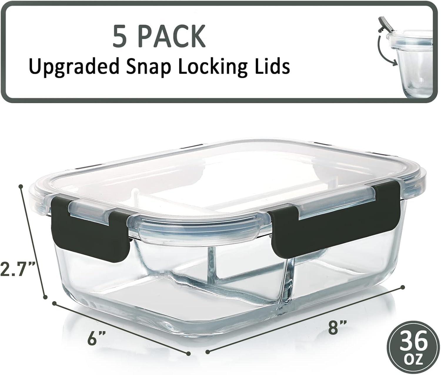 M MCIRCO [5-Pack, 36 oz] Glass Meal Prep Containers 3 Compartment with