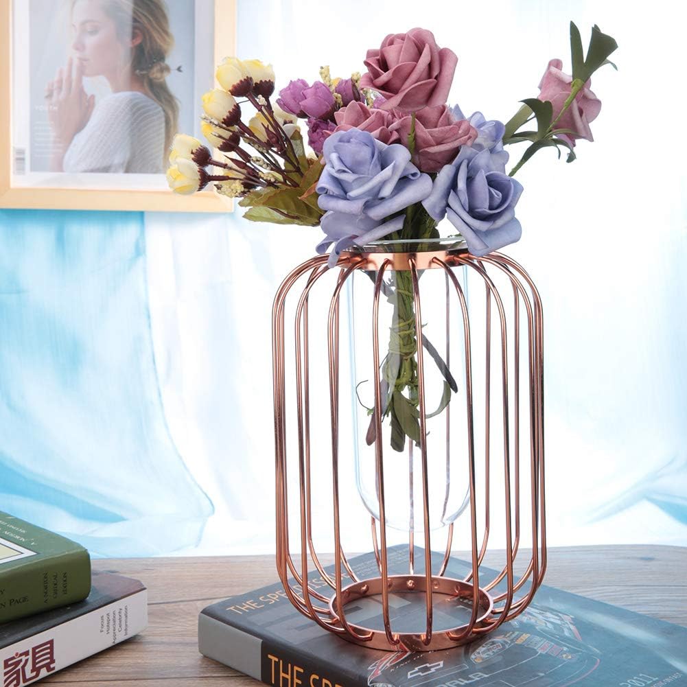 Lantern Shaped Wrought Iron Vase with Glass, Creative Simple Design fo