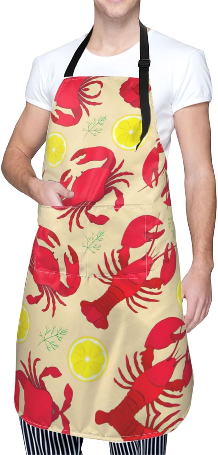 Lobster and Crab Print 28x33 In Adult Kitchen Apron with Pockets Versatile Chef Smock for Cooking Baking