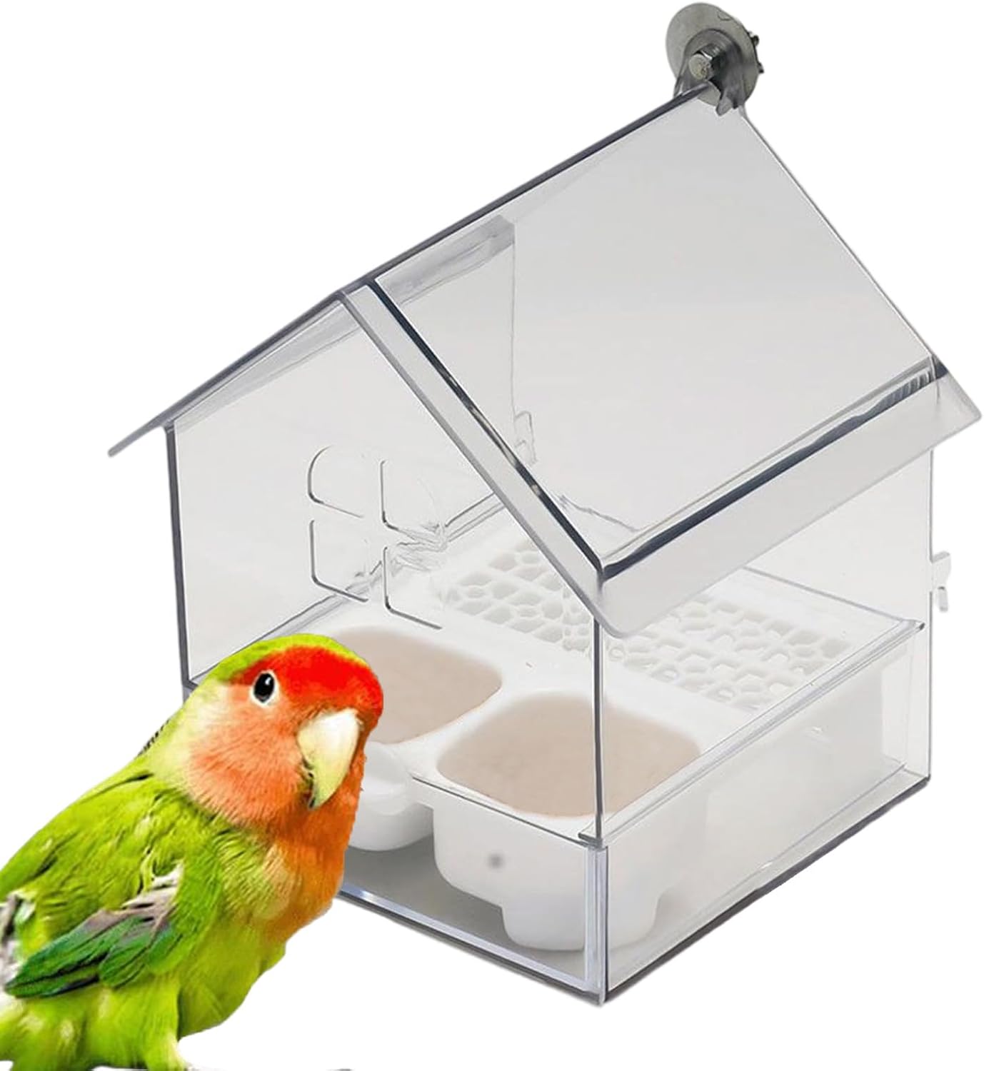 Pull Out External Parrot Feeder Food, Hanging Bird Feeder with Pull Out Tray, Transparent Bird Bath Tub,with Squirrel Proof Tray, for Pet Lover Watching