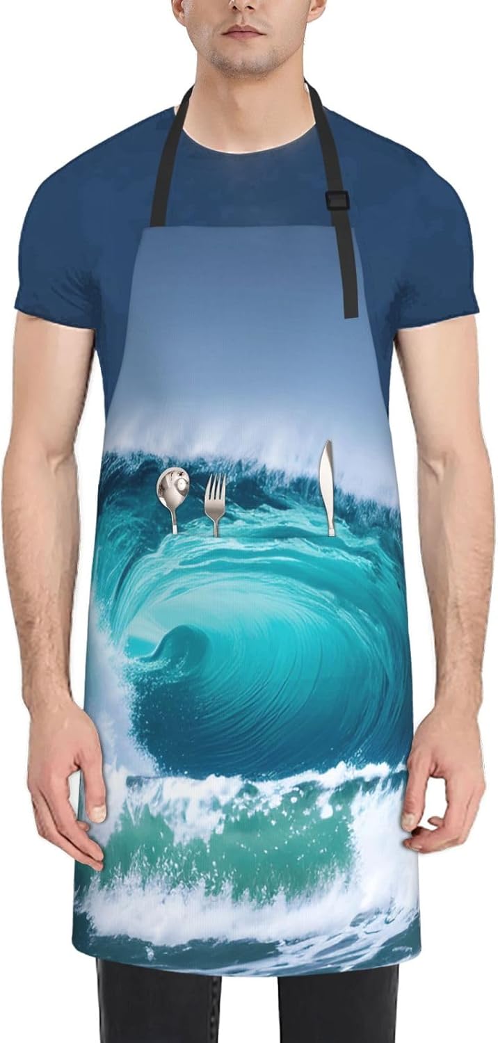 YANYU Ocean Wave Print 28x33 In Kitchen Apron Stylish Chef Apron with Pockets for Cooking Baking Painting