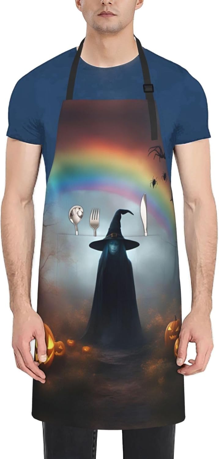Rainbow Halloween Ghost Witch Hat Spiders print Waterproof chef's apron with pocket apron for kitchen cooking baking barbecue and gardening