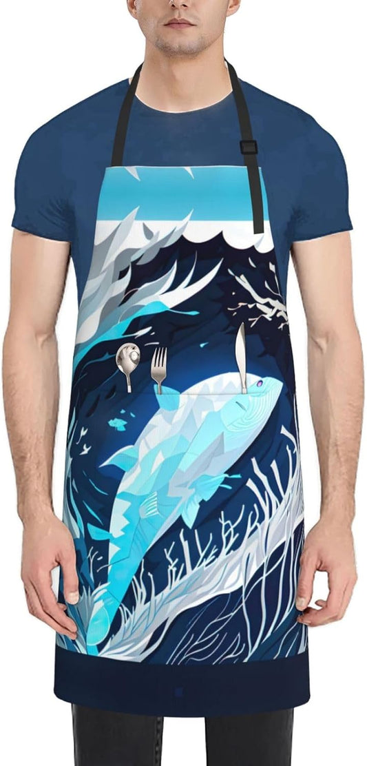 Deep Blue Animal Whale print Waterproof chef's apron with pocket apron for kitchen cooking baking barbecue and gardening