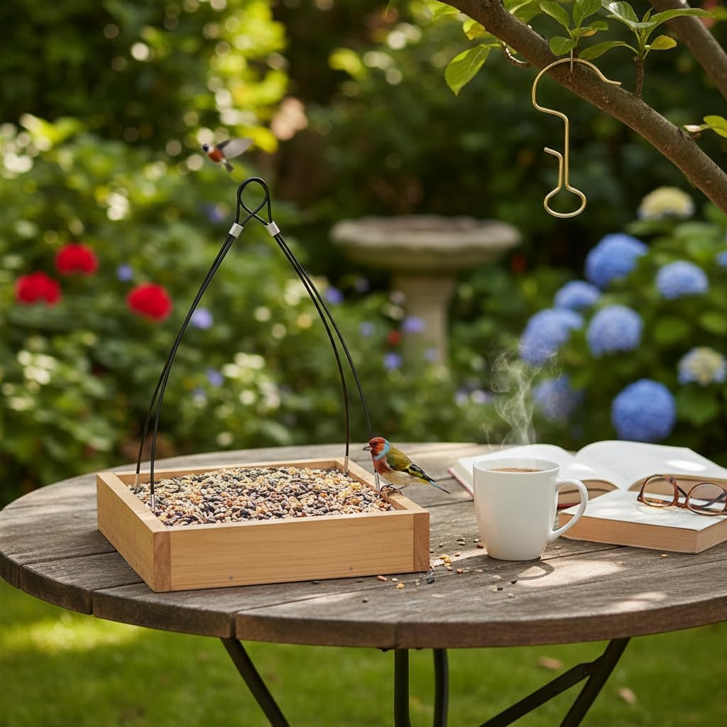 Cedar Wood Platform Tray Bird Feeder 12” - Hanging Bird Feeder for Outside Outdoor - Stainless Steel Cable Mesh Base - Weather Proof Birdfeeder for 10 Years - Longtime Outdoor Lasting Heavy Duty
