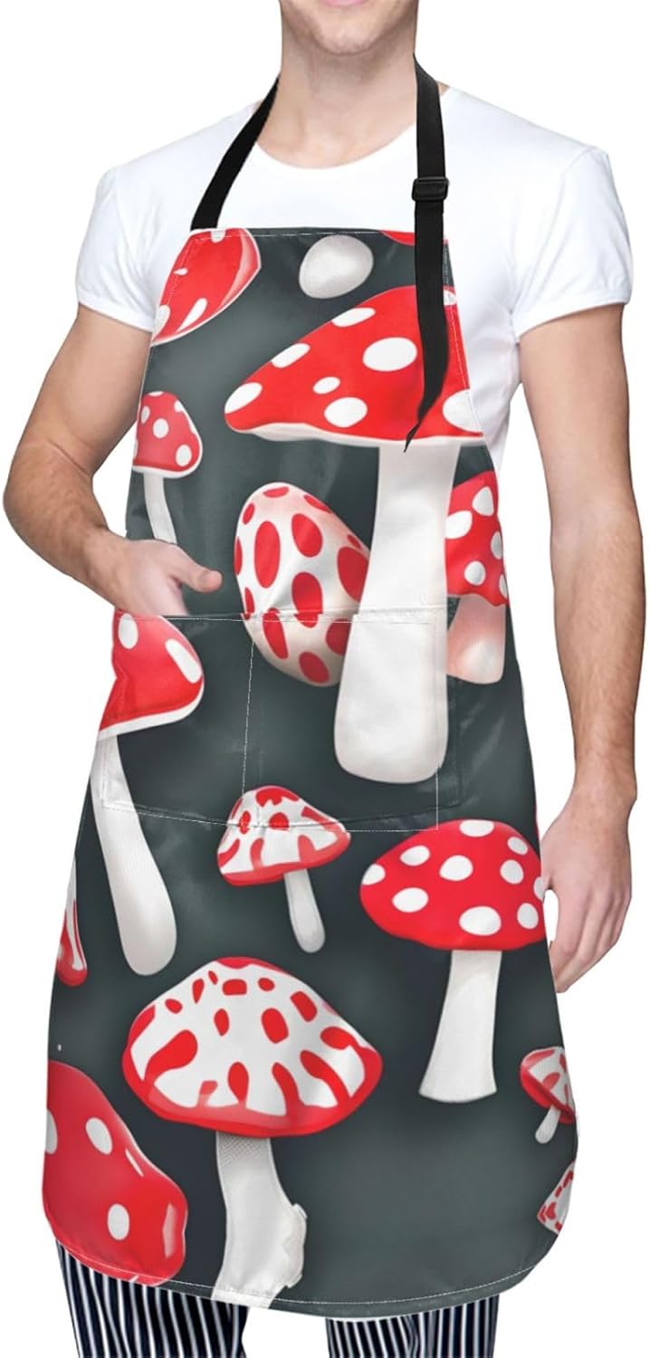 Red White Mushroom Print Laundry apron 28x33 In Waterproof Kitchen Apr
