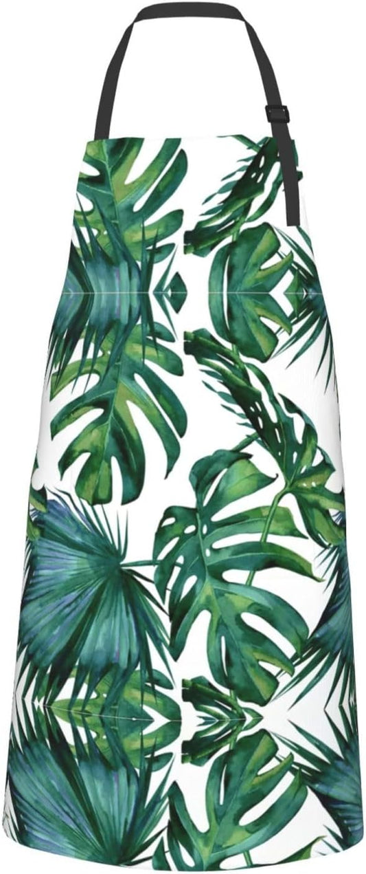 Green banana leaves print Waterproof apron with pocket adjustable cooking apron for adult kitchen bibs to bake