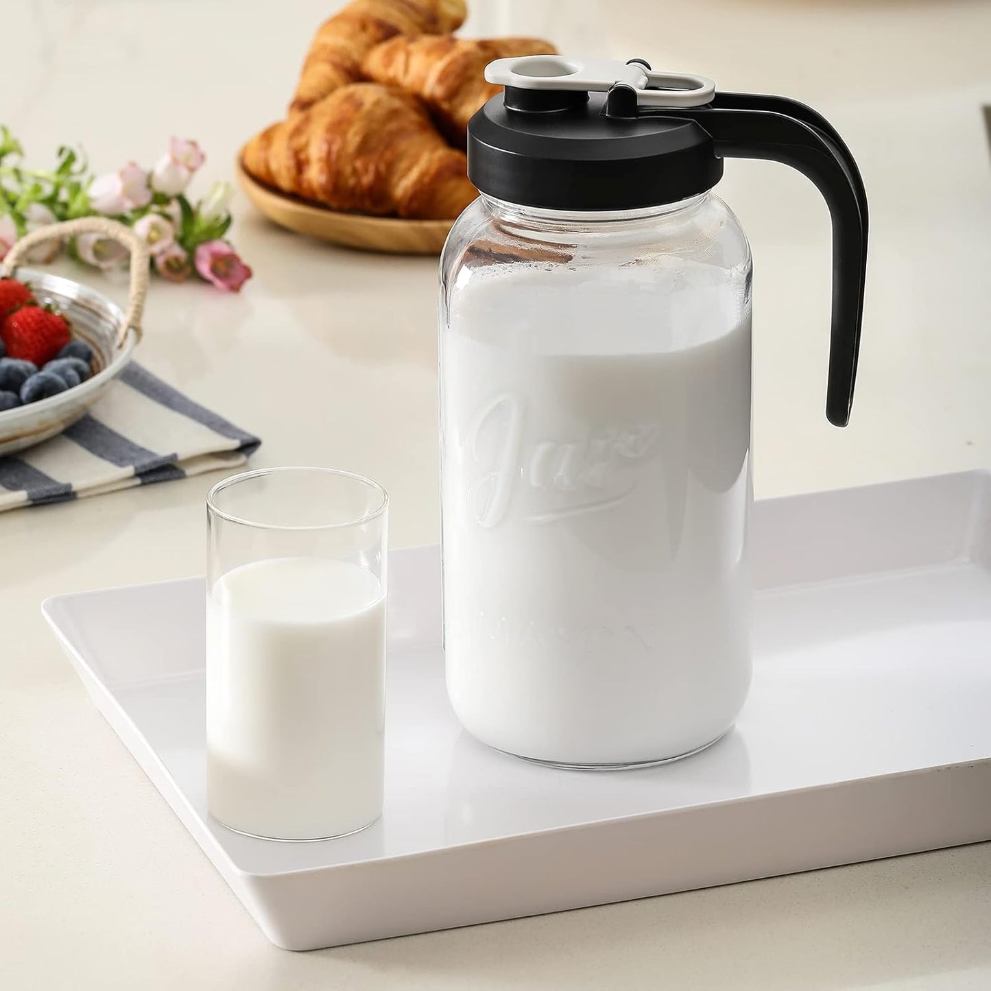 2 Quart Glass Pitcher with Lid - Mason Jar Pitcher with Filter Lid, Wide Mouth Jar Leak-proof Water Jug, Heavy Duty Glass Container for Water, Juice, Milk, Tea, Iced Coffee, and Drinks
