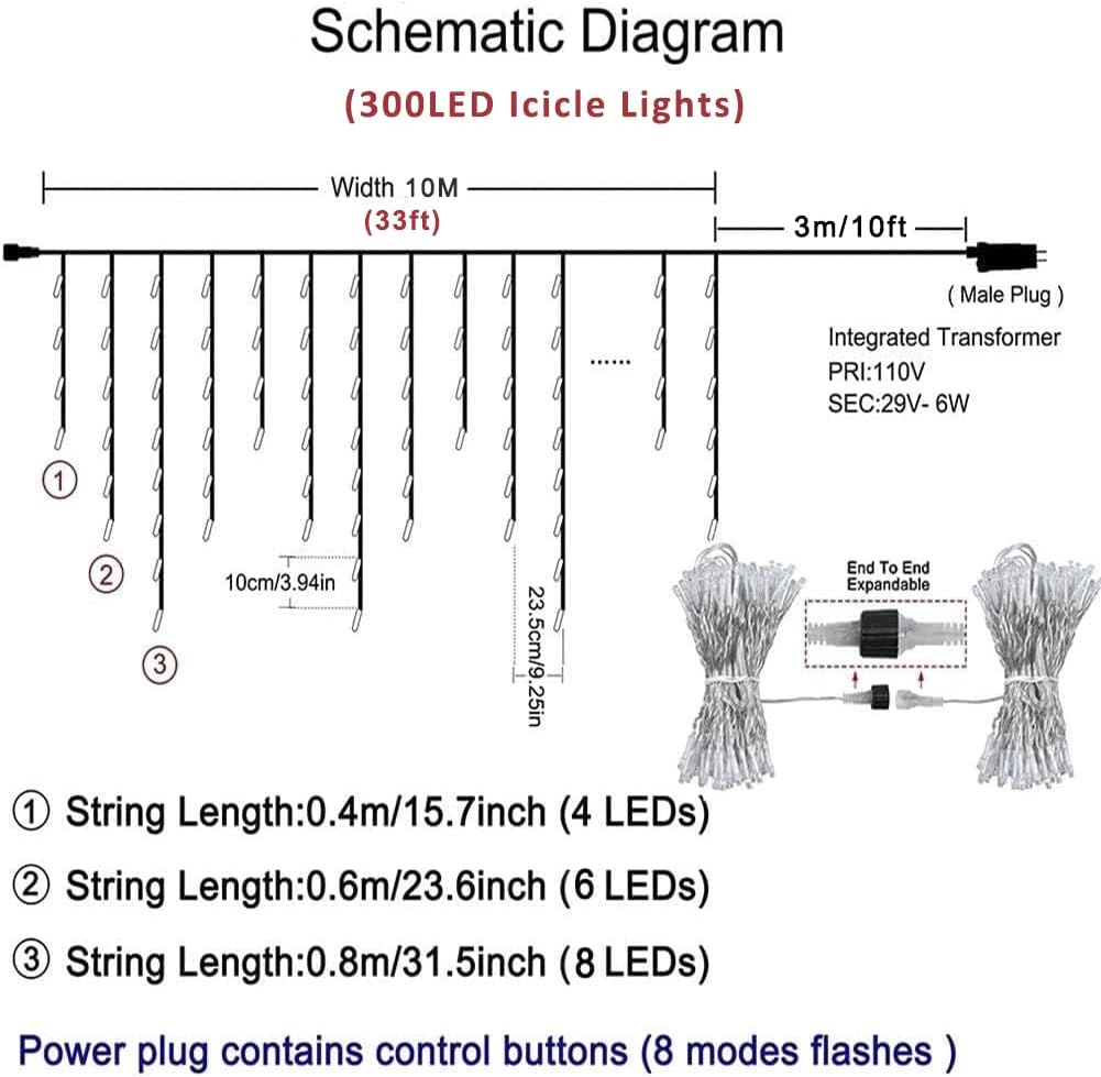300L LED Icicle Lights, Warm White Window Curtain Lights,8 Modes with 