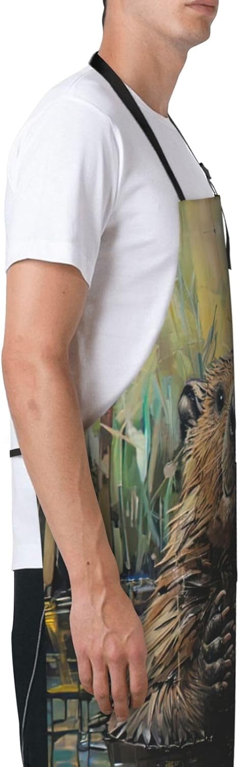 Beaver Print Laundry apron 28x33 In Waterproof Kitchen Apron with Pockets for Cooking Baking
