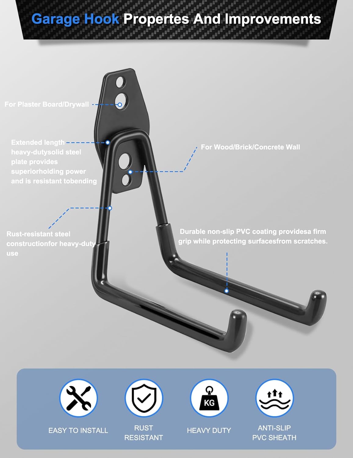 Garage Hooks, 5PCS Heavy Duty with 33lb J Hooks Strength, Multi Use Wa