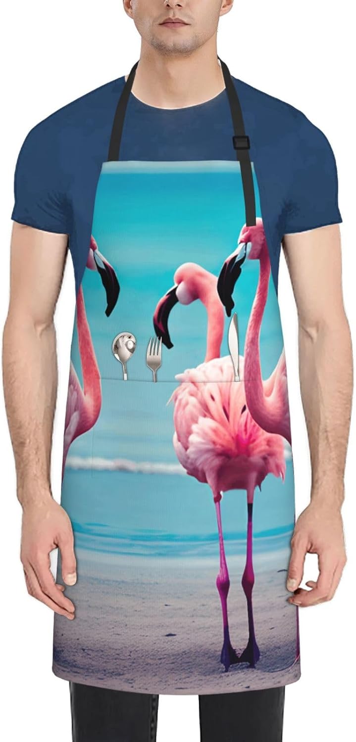 YANYU Flamingo Beach Print 28x33 In Kitchen Apron Stylish Chef Apron with Pockets for Cooking Baking Painting