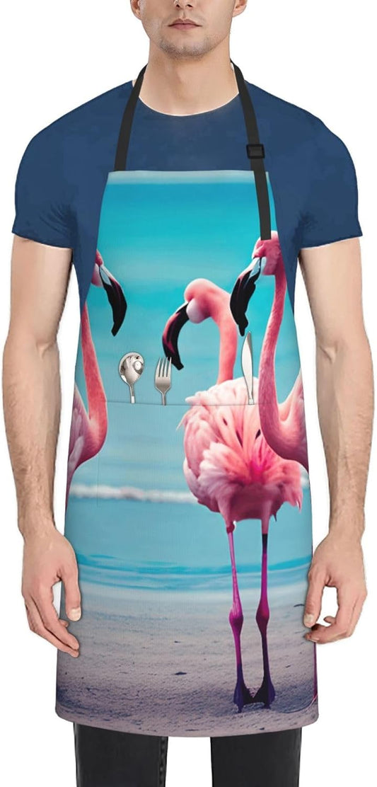 YANYU Flamingo Beach Print 28x33 In Kitchen Apron Stylish Chef Apron with Pockets for Cooking Baking Painting