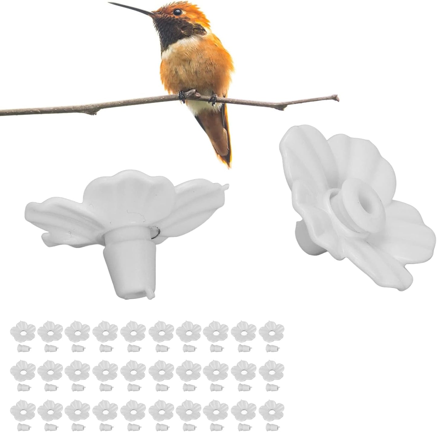 30 Sets Hummingbird Feeders Flowers, Multicolor Replaceable Hummingbird Bird Feeder Flower Accessories Feeding Port Flowers for Outdoors Hanging Feeders(White)