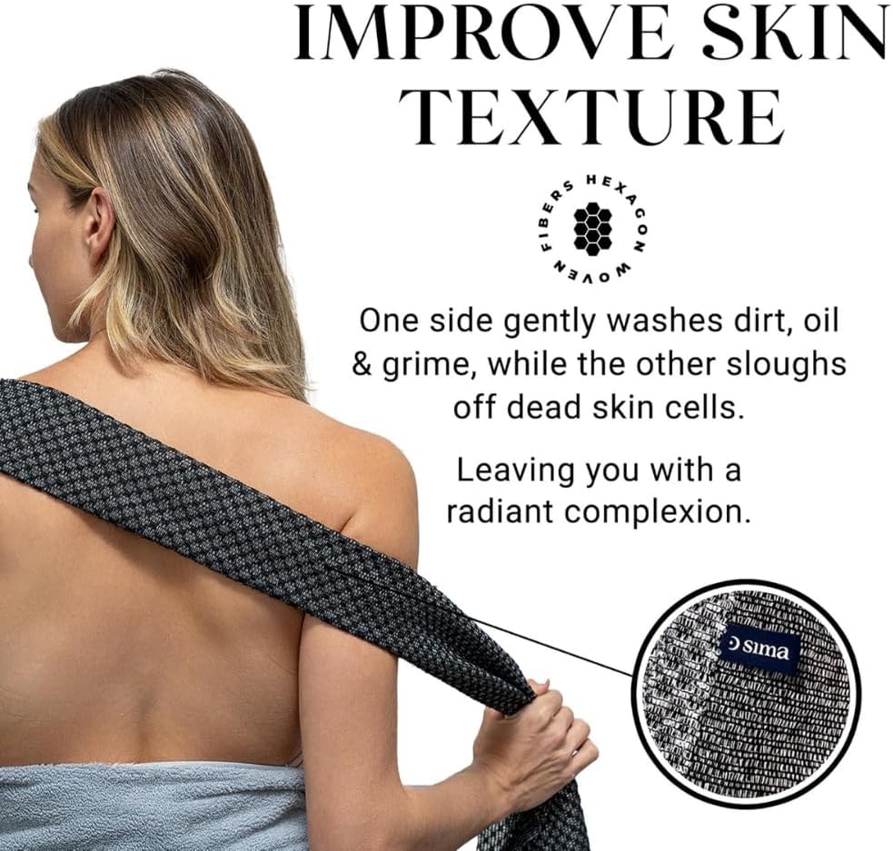 Exfoliating Washcloth Face & Body Scrub Towel - Japanese Exfoliating Towel with Hexagon Fibers, Body Scrubber with 2 Sides for Scrubbing & Washing, Extra Long Body Towels (Black)