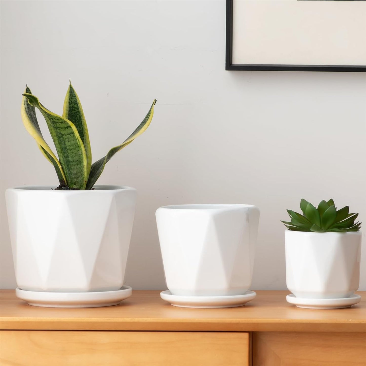 Octagon Ceramic Plant Pots - Indoor White Flower Planter Set with Drai