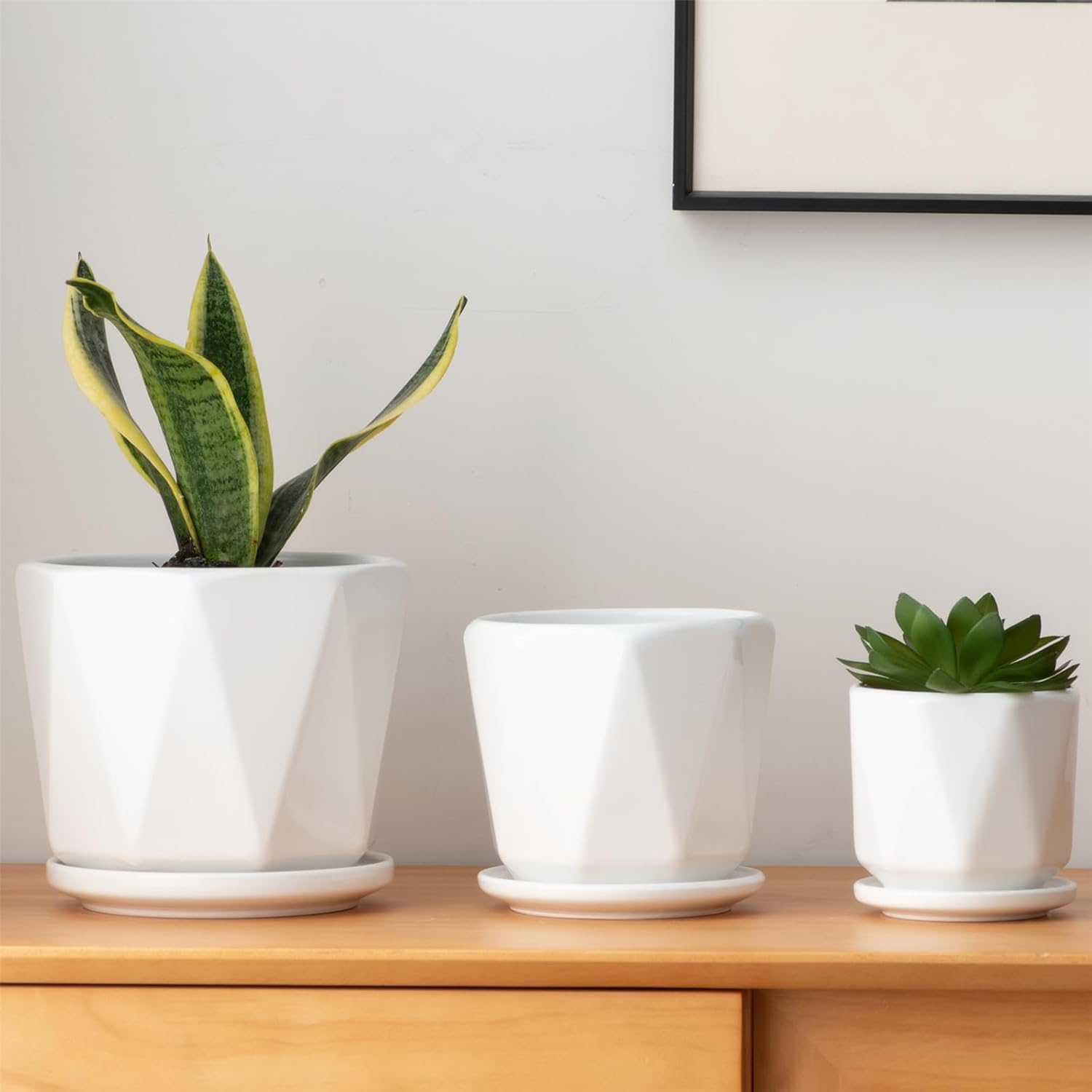 Octagon Ceramic Plant Pots - Indoor White Flower Planter Set with Drai